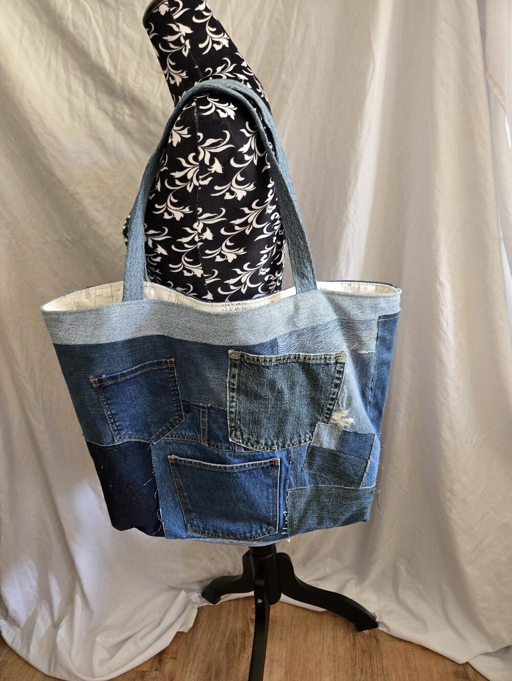 Upcycled Denim Patchwork Tote Bag - Blue - Picture 7 of 8